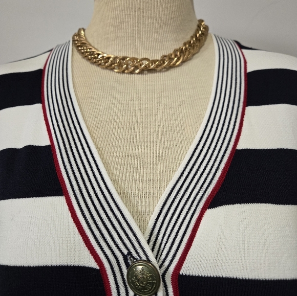Zendra Nautical Navy and White V Neck Butoned Cardigan Sweater. Size 42/ Medoum - Picture 4 of 11